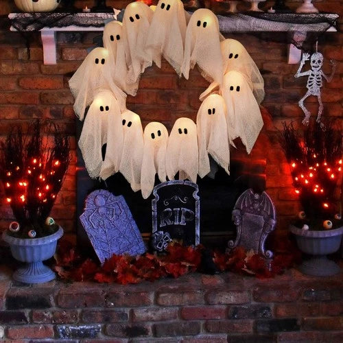 👻 Glimsea™ Halloween Lit Ghosts Wreath – Light-Up LED Garland
