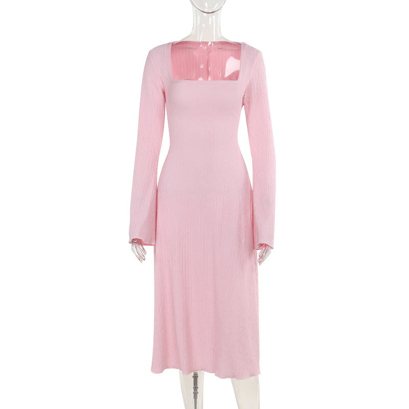 New European and American style elegant slim fit long sleeve square neck strap A-line long skirt for women