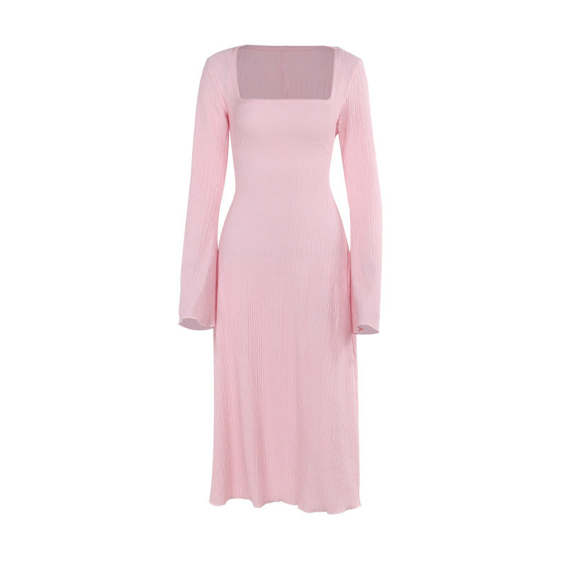 New European and American style elegant slim fit long sleeve square neck strap A-line long skirt for women